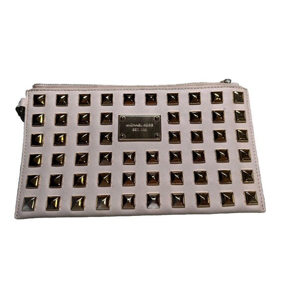 Michael Kors Gold Pyramid Studded Large Wristlet Saffiano Leather - Picture 1 of 13